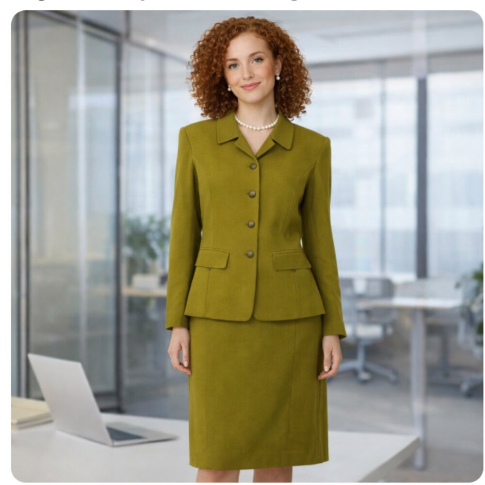 Dana Buchman Vtg 2 pc Silk Skirt Suit Olive Green Jacket Sz 6 Skirt Sz 4 Career